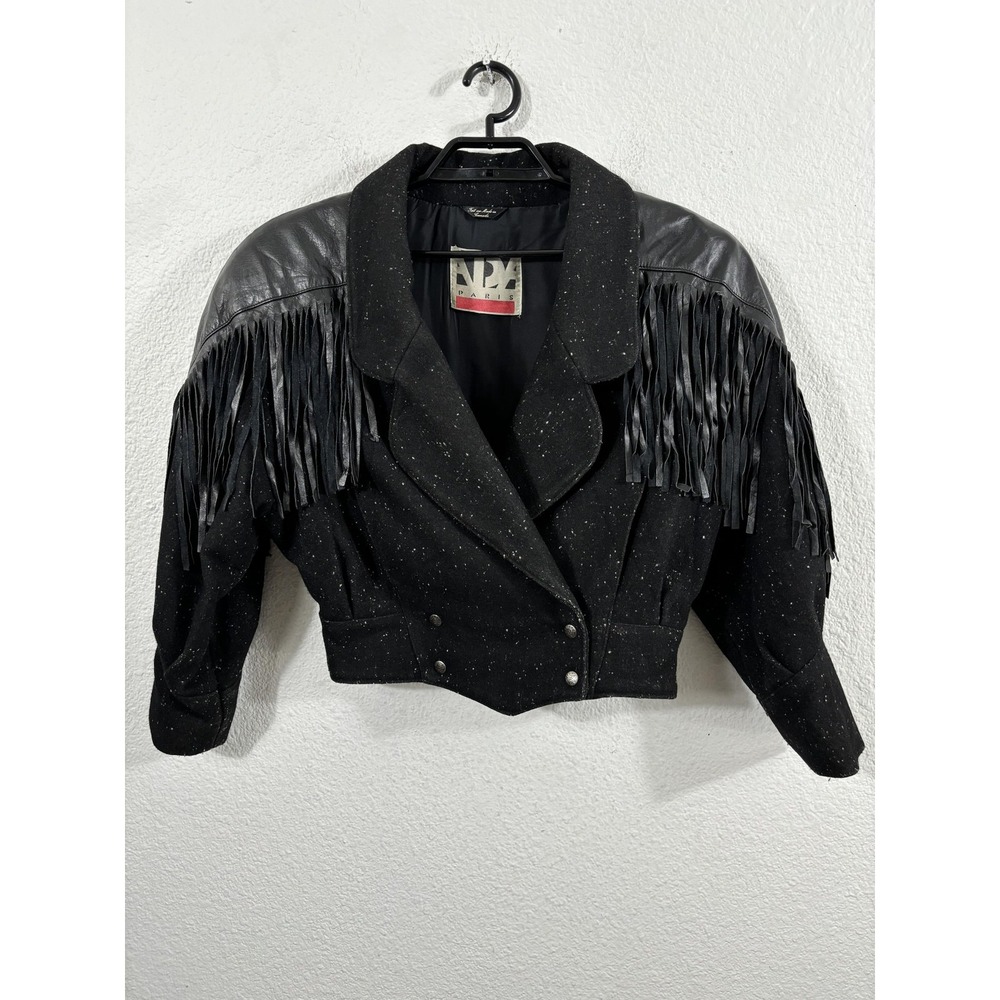 Vintage‎ ADA Paris Jacket Womens Small Black Wool Cropped Western Fringe 80s